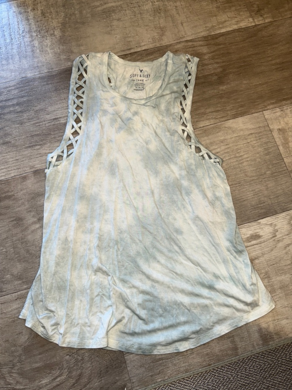 American Eagle Outfitters Pale Blue Tie-Dye Lattice Shoulder Tank